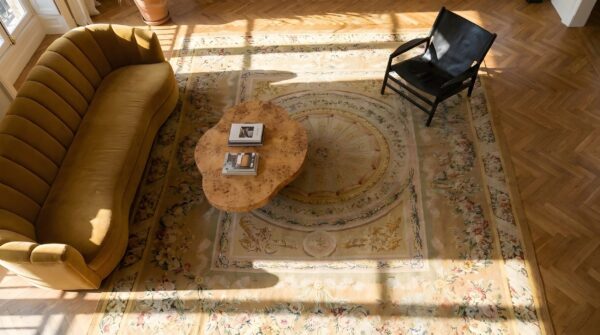 Room size antique floral with geometric medallion design french aubusson rug 2 Room size antique floral with geometric medallion design french aubusson rug (sku 25631) - styled overhead view