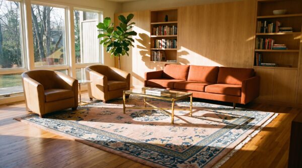 Room size floral medallion design antique peking wool chinese coral rug 7 Room size floral medallion design antique peking wool chinese coral rug (sku 25271) - room view