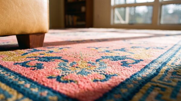 Room size floral medallion design antique peking wool chinese coral rug 8 Room size floral medallion design antique peking wool chinese coral rug (sku 25271) - in-room detail