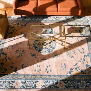 Room Size Floral Medallion Design Antique Peking Wool Chinese Coral Rug (SKU 25271) - styled overhead view