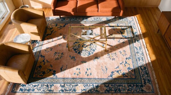 Room size floral medallion design antique peking wool chinese coral rug 2 Room size floral medallion design antique peking wool chinese coral rug (sku 25271) - styled overhead view