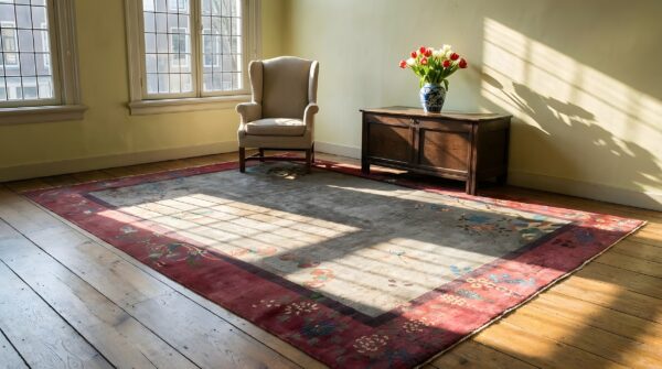 Room size gray background color antique wool pile chinese deco rug 7 Room size gray background color antique wool pile chinese deco rug (sku 25675) - room view