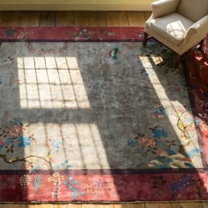 Room Size Gray Background Color Antique Wool Pile Chinese Deco Rug (SKU 25675) - styled overhead view