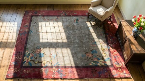 Room size gray background color antique wool pile chinese deco rug 2 Room size gray background color antique wool pile chinese deco rug (sku 25675) - styled overhead view