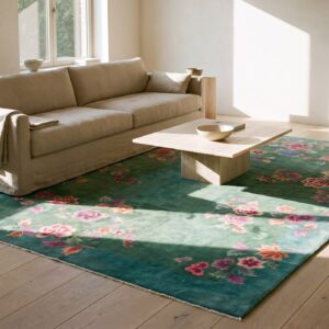 Antique Room Size Wool Pile Green Color Hand Knotted Chinese Art Deco Carpet (SKU 23664) - room view