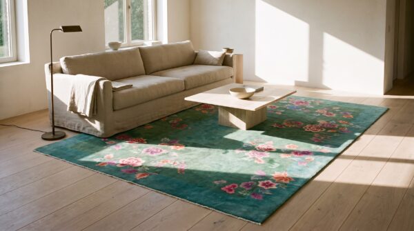 Antique room size wool pile green color hand knotted chinese art deco carpet 5 Antique room size wool pile green color hand knotted chinese art deco carpet (sku 23664) - room view