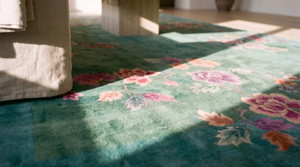 Antique room size wool pile green color hand knotted chinese art deco carpet 6 Antique room size wool pile green color hand knotted chinese art deco carpet (sku 23664) - in-room detail