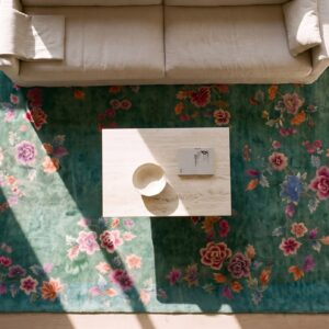 Antique Room Size Wool Pile Green Color Hand Knotted Chinese Art Deco Carpet (SKU 23664) - styled overhead view