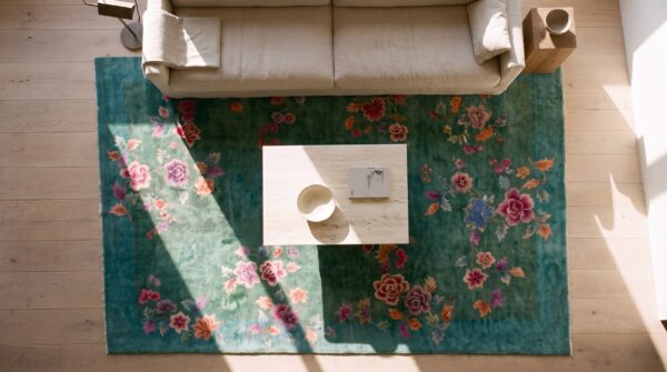 Antique room size wool pile green color hand knotted chinese art deco carpet 2 Antique room size wool pile green color hand knotted chinese art deco carpet (sku 23664) - styled overhead view