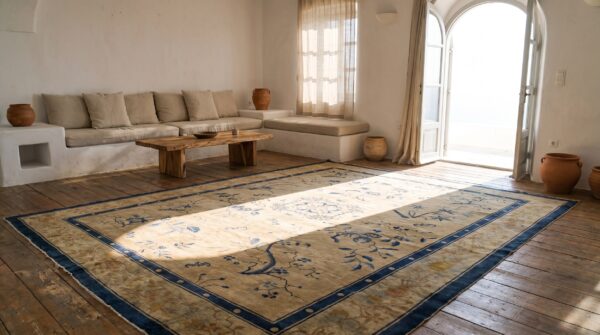 Room size ivory antique 1920s rectangle chinese knotted wool rug (sku 22705) - room view