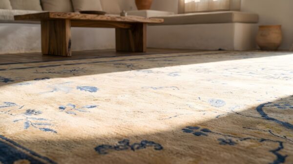 Room size ivory antique 1920s rectangle chinese knotted wool rug (sku 22705) - in-room detail