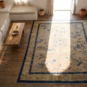Room Size Ivory Antique 1920s Rectangle Chinese Knotted Wool Rug (SKU 22705) - styled overhead view