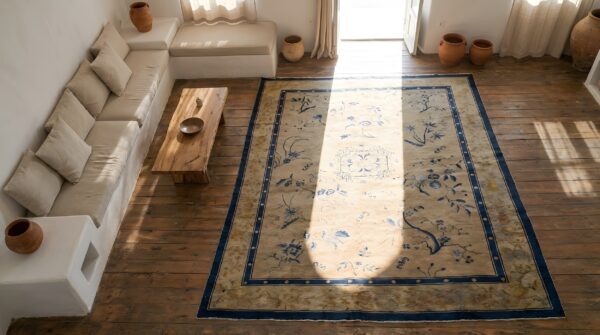 Room size ivory antique 1920s rectangle chinese knotted wool rug (sku 22705) - styled overhead view
