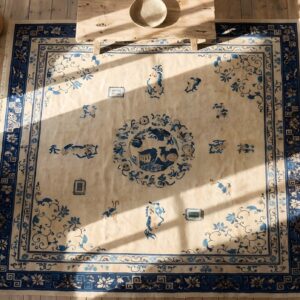 Room Size Antique Ivory Chinese Food Dog Design Peking Animal Rug (SKU 23001) - styled overhead view