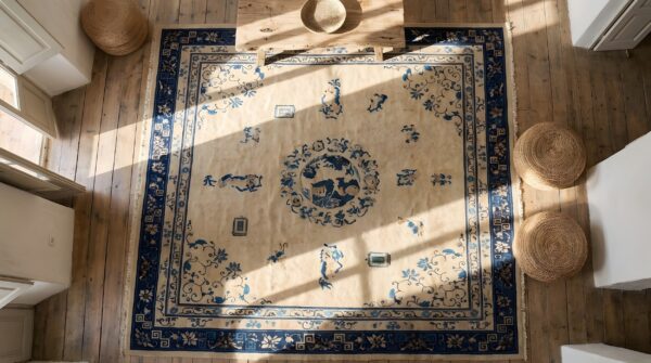 Room size antique ivory chinese food dog design peking animal rug (sku 23001) - styled overhead view