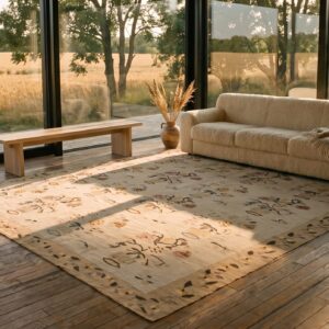 Room Size Antique Light Ivory Color Floral Flatwoven Bessarabian Kilim Rug (SKU 25520) - room view