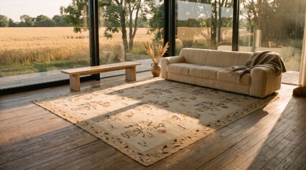 Room size antique light ivory color floral flatwoven bessarabian kilim rug 7 Room size antique light ivory color floral flatwoven bessarabian kilim rug (sku 25520) - room view