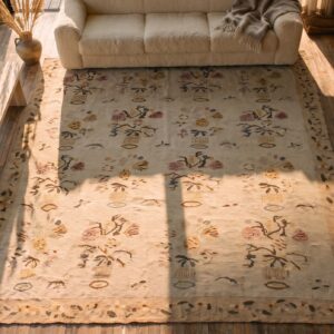 Room Size Antique Light Ivory Color Floral Flatwoven Bessarabian Kilim Rug (SKU 25520) - styled overhead view