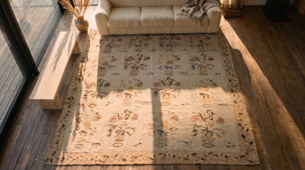 Room size antique light ivory color floral flatwoven bessarabian kilim rug 2 Room size antique light ivory color floral flatwoven bessarabian kilim rug (sku 25520) - styled overhead view