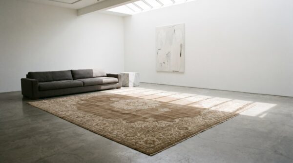 Room size neutral brown earth tone color antique agra area rug (sku 18283) - room view