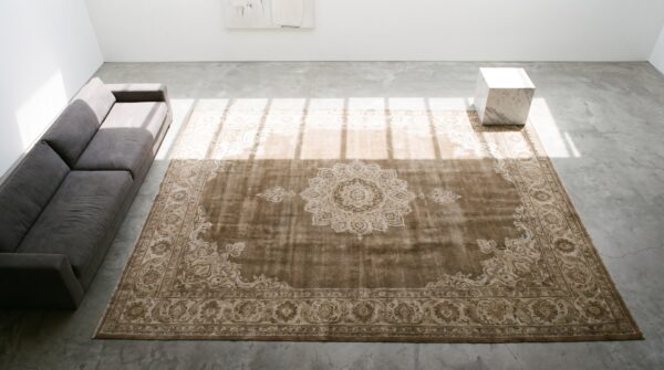 Room size neutral brown earth tone color antique agra area rug (sku 18283) - styled overhead view