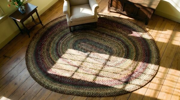 Room size oval american antique braided modernist area rug 2 Room size oval american antique braided modernist area rug (sku 24953) - styled overhead view