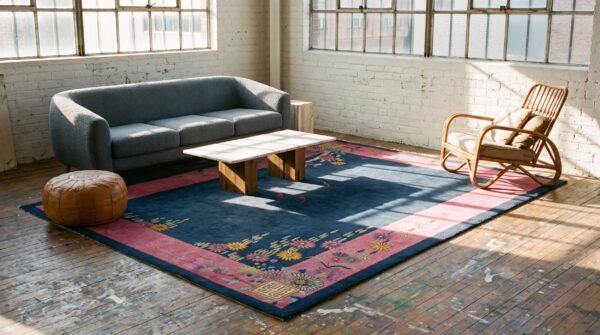 Wool room size rectangle antique chinese blue 1920s knotted - art deco rug 5 Wool room size rectangle antique chinese blue 1920s knotted - art deco rug (sku 22658) - room view