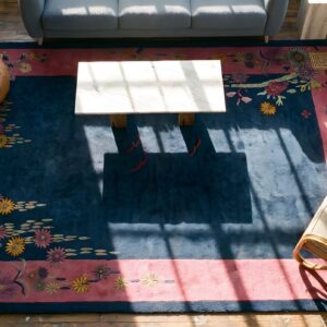 Wool Room Size Rectangle Antique Chinese Blue 1920s Knotted - Art Deco Rug (SKU 22658) - styled overhead view