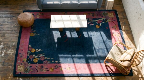 Wool room size rectangle antique chinese blue 1920s knotted - art deco rug 2 Wool room size rectangle antique chinese blue 1920s knotted - art deco rug (sku 22658) - styled overhead view