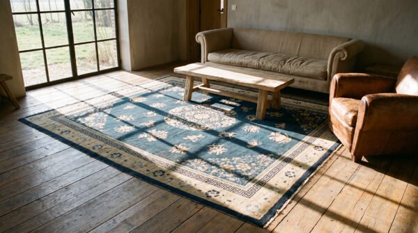 Room size rectangle chinese - peking blue knotted wool 1900s antique rug 8 Room size rectangle chinese - peking blue knotted wool 1900s antique rug (sku 22952) - room view