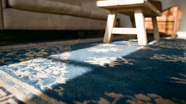 Room size rectangle chinese - peking blue knotted wool 1900s antique rug 9 Room size rectangle chinese - peking blue knotted wool 1900s antique rug (sku 22952) - in-room detail