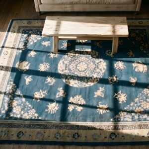Room Size Rectangle Chinese - Peking Blue Knotted Wool 1900s Antique Rug (SKU 22952) - styled overhead view