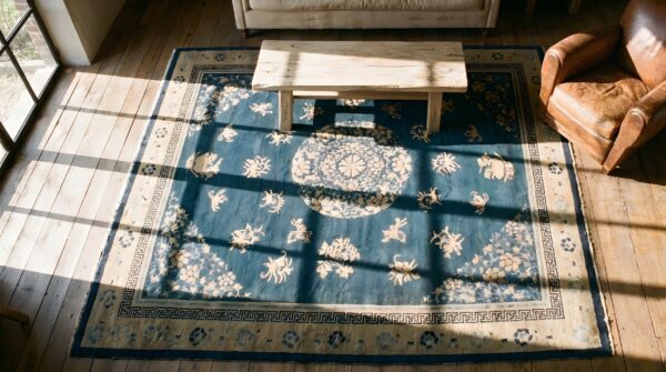 Room size rectangle chinese - peking blue knotted wool 1900s antique rug 2 Room size rectangle chinese - peking blue knotted wool 1900s antique rug (sku 22952) - styled overhead view