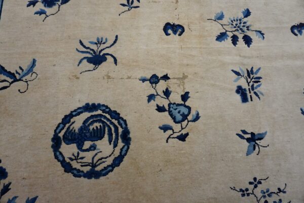 Room size rectangle knotted antique wool chinese - peking ivory 1920s rug (sku 25270) - styled overhead view