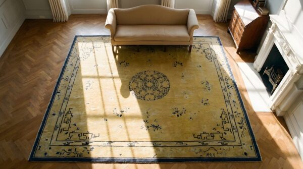 Room size rectangle wool ivory chinese - peking 1880s antique knotted rug 2 Room size rectangle wool ivory chinese - peking 1880s antique knotted rug (sku 24740) - styled overhead view