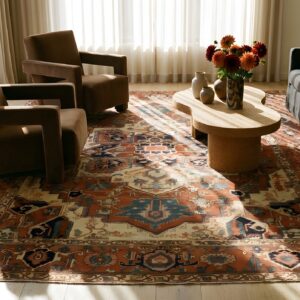 Room Size Antique Red Geometric Medallion Design Persian Serapi Heriz Rug (SKU 25422) - room view