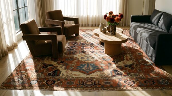 Room size antique red geometric medallion design persian serapi heriz rug 5 Room size antique red geometric medallion design persian serapi heriz rug (sku 25422) - room view