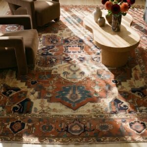 Room Size Antique Red Geometric Medallion Design Persian Serapi Heriz Rug (SKU 25422) - styled overhead view