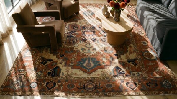 Room size antique red geometric medallion design persian serapi heriz rug 2 Room size antique red geometric medallion design persian serapi heriz rug (sku 25422) - styled overhead view