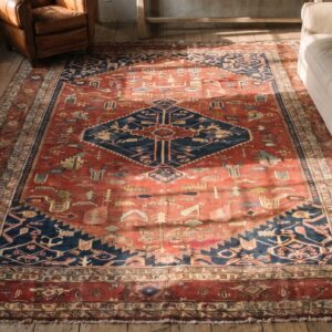 Room Size Red Antique Late 19th Century Persian Serapi Heriz Carpet (SKU 19893) - styled overhead view