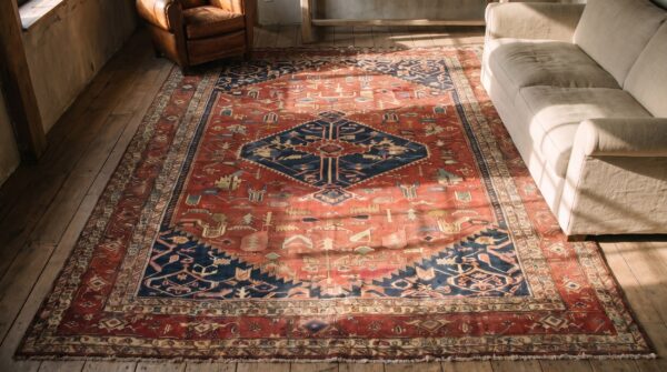Room size red antique late 19th century persian serapi heriz carpet (sku 19893) - styled overhead view
