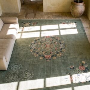 Room Size Antique Soft Blue Gray Color Art Deco Chinese Rug (SKU 20939) - styled overhead view