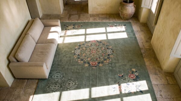 Room size antique soft blue gray color art deco chinese rug 2 Room size antique soft blue gray color art deco chinese rug (sku 20939) - styled overhead view