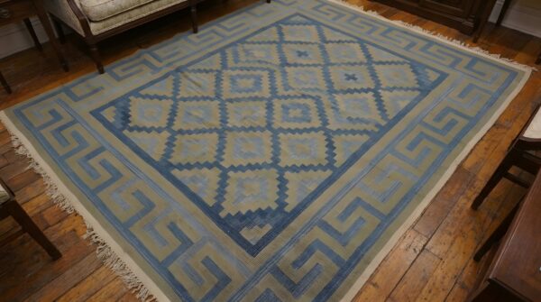 Room size antique tribal geometric pattern cotton dhurrie flatweave rug 8 Room size antique tribal geometric pattern cotton dhurrie flatweave rug (sku 24159) - in-room detail