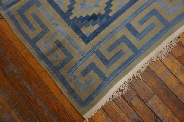 Room size antique tribal geometric pattern cotton dhurrie flatweave rug 2 Room size antique tribal geometric pattern cotton dhurrie flatweave rug (sku 24159) - styled overhead view