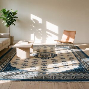 Antique Room Size White and Blue Color Mongolian Medallion Rug (SKU 20952) - room view