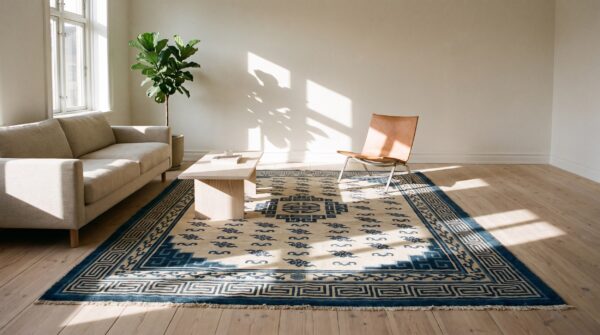 Antique room size white and blue color mongolian medallion rug 7 Antique room size white and blue color mongolian medallion rug (sku 20952) - room view