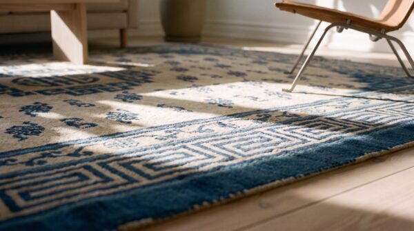 Antique room size white and blue color mongolian medallion rug 8 Antique room size white and blue color mongolian medallion rug (sku 20952) - in-room detail