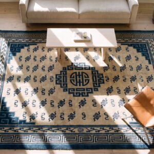 Antique Room Size White and Blue Color Mongolian Medallion Rug (SKU 20952) - styled overhead view