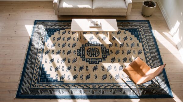 Antique room size white and blue color mongolian medallion rug 2 Antique room size white and blue color mongolian medallion rug (sku 20952) - styled overhead view